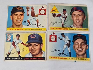 Lot of 4 Vintage 1955 Topps Baseball Cards Featuring Gus Triandos, Joe Cunningham, Art Fowler, and Fred Marsh