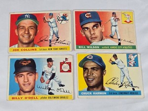 Lot of 4 Vintage 1954 Baseball Cards Featuring Joe Collins, Bill Wilson, Billy ODell, Chuck Harmon