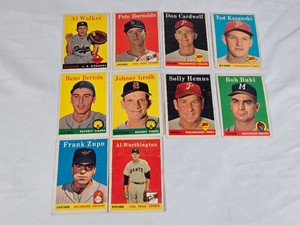 Lot of 10 Vintage 1958 Topps Baseball Cards Featuring Al Walker, Pete Burnside, Ted Kazanski, and Others