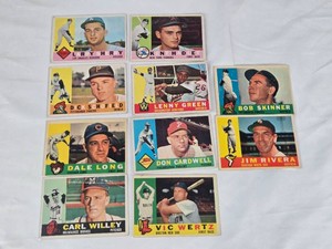 Lot of 10 Vintage 1960 Topps Baseball Cards Featuring Larry Sherry, Kent Hadley, Dick Schofield, Lenny Green, Bob Skinner, Dale Long, Don Cardwell, Jim Rivera, Carl Willey, and Vic Wertz.