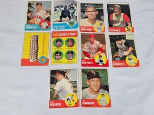 Lot of 10 Vintage 1963 Topps Baseball Cards Featuring Pedro Ramos, Wally Moon, Ed Lopat, Clay Dalrymple, Joe Gibbon, Ron Hansen, Joe Cunningham, and 1963 Rookie Stars