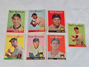 Lot of 7 Vintage 1958 Topps Baseball Cards Featuring Ray Herbert, Vic Power, Bill Taylor, Del Crandall, Dick Gernert, Tom Morgan, and Lee Walls