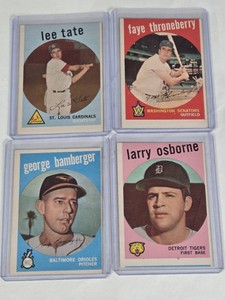Lot of 4 Vintage High Number 1959 Topps Baseball Cards Featuring Faye Throneberry, Larry Osborne, Lee Tate, and George Bamberger.