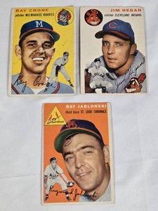 Lot of 3 Vintage 1954 Baseball Cards Featuring Jim Hegan, Ray Crone, and Ray Jablonski