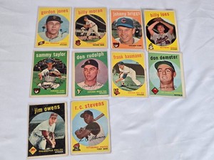 Lot of 10 Vintage 1959 Baseball Cards Featuring Gordon Jones, Billy Moran, Johnny Briggs, Billy Loes, Sammy Taylor, Don Rudolph, Frank Baumann, Don Demeter, Jim Owens and R.C. Stevens
