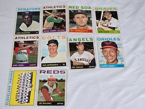 Lot of 10 Vintage 1964 Baseball Cards Featuring Various Players Including Fred Valentine, Wayne Causey, Bill Monbouquette, Gene Oliver, and Harvey Haddix