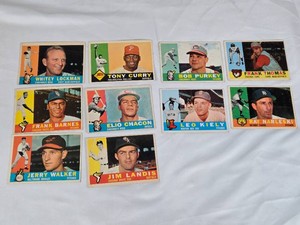 Lot of 10 Vintage 1960 Baseball Cards Featuring Whitey Lockman, Tony Curry, Bob Purkey, Frank Thomas, and Others.