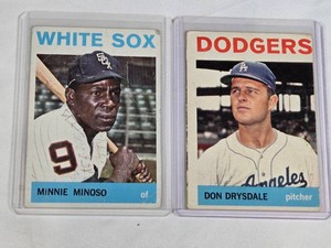 Lot of 2 Baseball Cards from 1964 Featuring Minnie Minoso and Don Drysdale - Chicago White Sox and Los Angeles Dodgers Vintage Baseball Cards