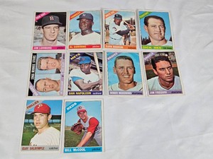 Lot of 10 Vintage 1966 Baseball Cards including Jim Lonborg, Al Downing, Floyd Robinson, Dick Nen, and Others.