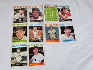 Lot of 10 Vintage 1964 Baseball Cards Including Dick Radatz, Jim Davenport, and Others. Features Topps cards from teams like Colts, Indians, Braves, and Giants.