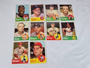 Lot of 10 Vintage 1963 Baseball Cards including Lee Maye, Bob Scheffing, and Others from Topps 1960s Series with Rookie and Manager Cards.