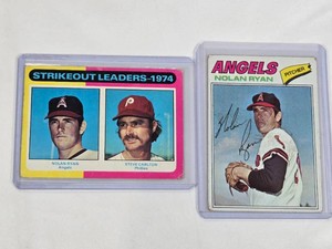 Lot of 2 Nolan Ryan and Steve Carlton Baseball Cards including 1974 Strikeout Leaders and 1977 Topps Angels Card.