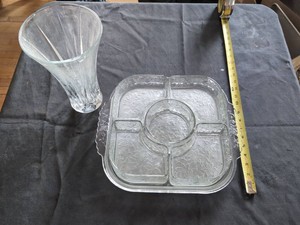 Vintage Etched Glass Relish Tray Serving Set with Flared Vase