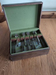 Mid Century Stainless Flatware Set in Wood Felt Lined Storage Box