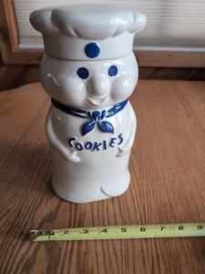 Pillsbury Doughboy Ceramic Cookie Jar Blue White Figural Canister