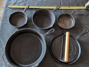 Vintage Cast Iron Skillets & Bacon Press Lot Lodge and Made in USA