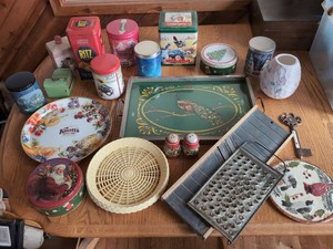 Vintage Tins Kitchen Decor Lot Red Man Ritz Peacock Tray Grater