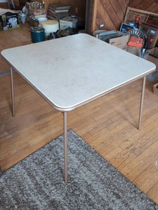 Vintage Metal Folding Card Table White Top 34 x 34 Bronze Tone