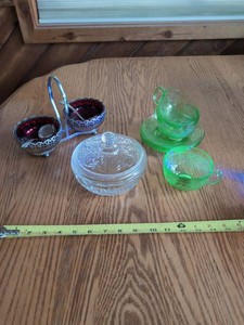 Vintage Glass Tableware Lot Green Cups Saucers Ruby Condiment Dish