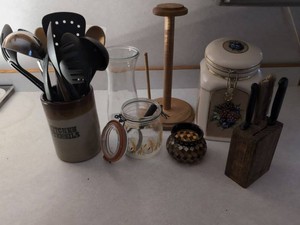 Box Lot of Assorted Kitchen Countertop Utensils, Jars, Knife Block