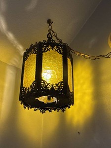 Vintage Spanish Revival Amber Glass Hanging Swag Lamp Chandelier