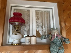 Box Lot of Vintage Country Decor Lamp Canisters Frog Shelf Doll