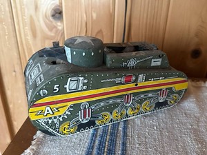 Vintage Tin Litho Toy Tank With Die Cast Pickup & Race Car Lot