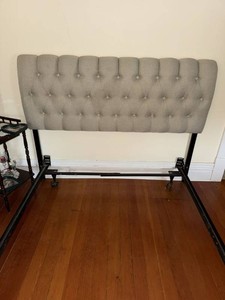 Tufted Upholstered Queen Headboard with Metal Bed Frame Gray