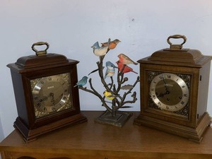 Lot of Seth Thomas Mantel Clocks & Painted Bird Tree Sculpture