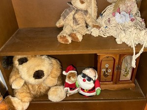 Vintage Plush Toys, Cloth Doll & Wood Jewelry Box Mixed Shelf Lot