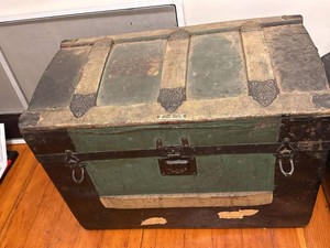 Antique Dome Top Steamer Trunk Green Canvas Wood Chest See Photos