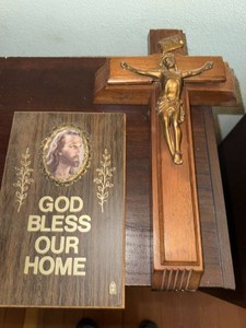 Vintage Religious Wall Decor Crucifix & God Bless Our Home Plaque