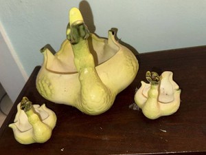 Vintage Ceramic Swan Planter Bowl Set Green Cream Glaze Mid Century