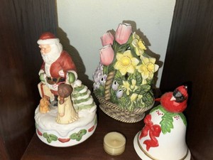 Lot of Ceramic Holiday Decor Santa Figurine Floral Basket Cardinal Bell