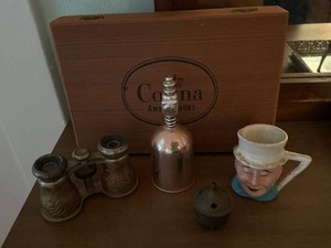 Box Lot of Assorted Vintage Tobacciana Decor Opera Glasses Cigar Box