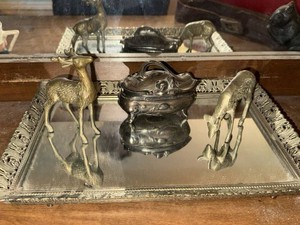 Vintage Vanity Tray Deer Figurines Silverplate Trinket Box Decor Lot