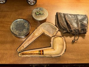 Vintage Smoking Accessories Lot Pipe in Case Leather Pouch Tobacco Tins