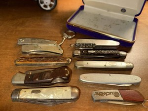 Lot of Vintage Pocket Knives Swiss Army Style Advertising w Box