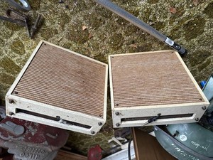 Pair of Vintage Wedge Speaker Cabinets Brown Grille 14in Plugs