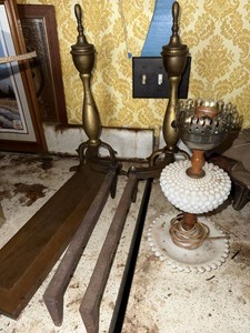 Vintage Brass Fireplace Andirons Pair & Hobnail Milk Glass Lamp Lot