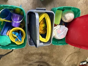 Assorted Kids Sand & Water Toy Lot w Pool Noodles Volleyball Bins