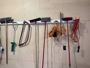 Assorted Garage & Yard Tool Lot Push Broom Bow Saw Shovel Extension Cords