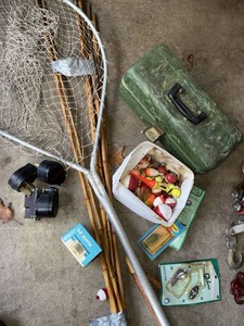 Vintage Fishing Tackle Lot Marttiini Knife Bobbers Tackle Box Net