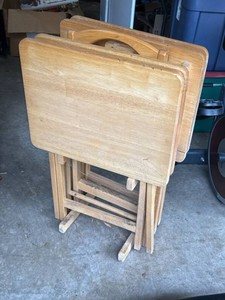 Set of 4 Wooden Folding TV Tray Tables With Storage Stand
