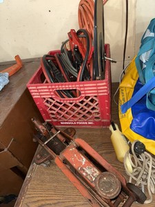 Mixed Garage Tool Lot Floor Jack Jumper Cables Extension Cord Mirror