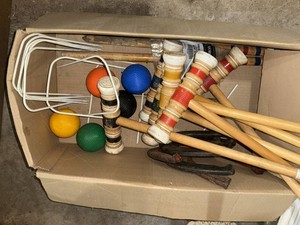 Vintage Croquet and Horseshoe Lawn Game Lot Wood Mallets Balls Wickets