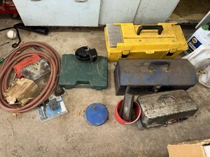 Assorted Tool Box Lot w Metal Boxes Garden Tools Hose Hardware
