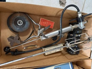 Box Lot of Assorted Hand Tools Hardware V-Block Breakers Pump