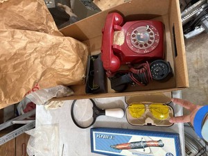 Box Lot of Vintage Rotary Phone, Aviator Glasses, Magnifier & Knife