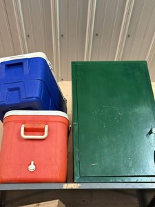 Metal Storage Cabinet with Beverage Cooler & Chest Cooler Lot